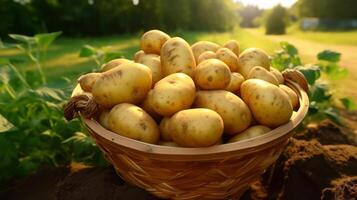 ai generado cesta desbordante con Fresco bebé papas foto