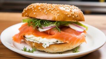 AI generated Delicious lox bagel with a generous spread of cream cheese photo