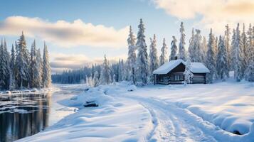 AI generated A charming and simple log cabin with a wooden fence and a snowman in a forest and mountain setting photo