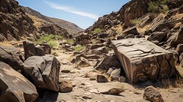 AI generated Ancient rock art in a scenic canyon landscape photo