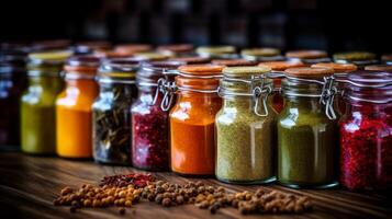 AI generated Colorful spice collection in glass jars photo