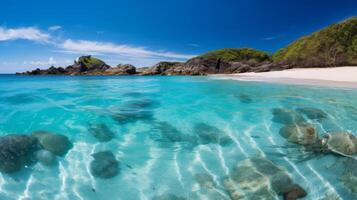 AI generated Clear blue sea and palm trees on paradise island photo