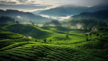 ai generado un brumoso y tranquilo escena de un té plantación con montañas foto