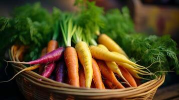 AI generated Basket filled with artistically arranged rainbow colored carrots photo