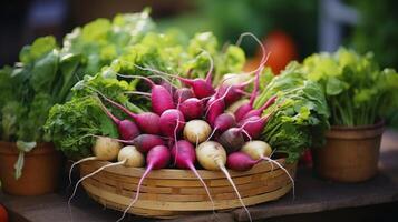 AI generated Display of various root vegetables like radishes and turnips in charming baskets photo