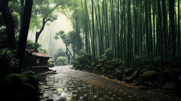 AI generated Serene bamboo grove in a tranquil setting photo