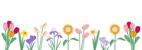 Flower bouquet border.Spring and summer flowers, plants for decoration, blooming herbs isolated on transparent background.Hand drawn set.Vector illustration EPS 10. vector