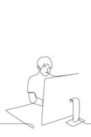 man sitting at the computer - one line drawing vector. concept work from home, freelancer, coworking, workplace, huge monitor vector