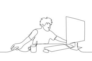 shaggy man spread wide on his desk looking at the computer monitor screen - one line drawing vector. concept tired freelancer, burnout vector