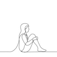 mujer sentado en el piso abrazando su rodillas - uno línea dibujo vector. concepto de soledad, tristeza, melancolía, depresión vector