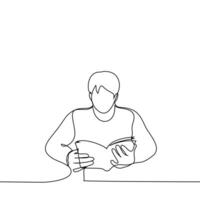 man is sitting at a table with a paperback book - one line drawing vector. book lover concept, reader in library, student with textbook vector