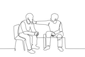 man supports a friend, a guy put his hand on a friend's shoulder - one line drawing. two men sit side by side, one of whom addresses or psychologically morally supports the other vector