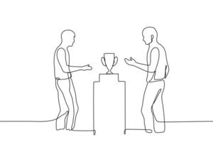 silueta de dos hombres en pie en frente de pedestal con el del ganador taza, ambos alcanzando para premio - uno línea dibujo vector. concepto de Deportes excitación, confrontación, conflicto de interés, batalla vector