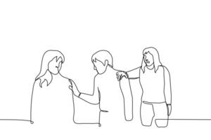 woman grabs the shoulder of man who addresses touches, strokes another woman - one line drawing. concept jealousy, friend stops from relationship, warn about dangerous, woman protection for friend vector