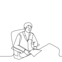 man in a business suit sits at a table and holds reads a sheet of paper - one line drawing. the concept of analyzing documents, checking a contract, reading a report vector