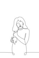 slender woman touching her long wavy hair - one line drawing. concept of beauty procedures. woman applying hair product to hair vector