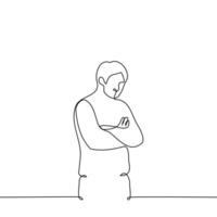 man stands with his arms crossed and head down, he is thinking - one line drawing vector. concept intense mental activity, reflection, thinking, brainstorming vector