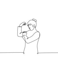 business woman is measuring her biceps - one line drawing. concept of we can do it vector