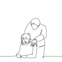 man is holding by the shoulders woman who does not like it - one line drawing. unpleasant touch concept, comfort crying person, sexual harassment vector