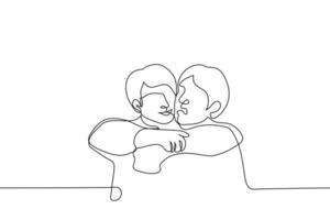 two friends hug, one does not like skinship and other rubs against his face tightly clasping neck - one line drawing vector. concept of hugging tactile and non tactile person vector