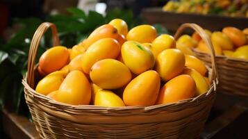 AI generated Overflowing baskets showcasing a variety of succulent and juicy mangoes photo