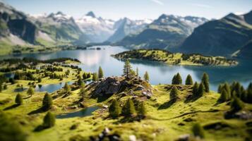 AI generated Miniature lake view with mountains in the background photo