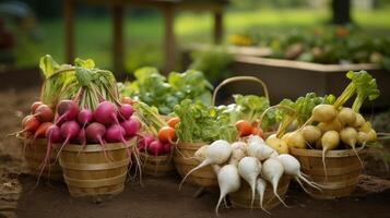 ai generado cestas de clasificado raíz verduras, incluso rábanos y nabos foto