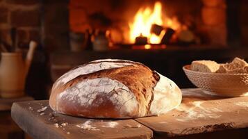 AI generated Enjoy the charm of a rustic kitchen with warm bread photo