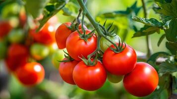 AI generated Fresh red tomatoes on green vine in garden photo