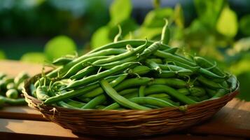 ai generado tejido cesta lleno con crujiente, vibrante verde frijoles foto