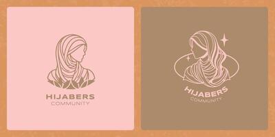 Hijab beauty with simple leaf hand-drawn line art logo vector