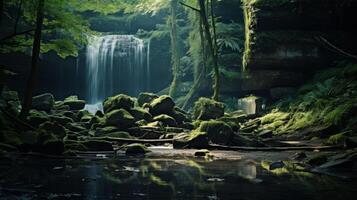 AI generated A tranquil and serene waterfall in a forest a perfect place to relax photo