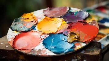 AI generated A macro shot of an artists paint palette, with paint splashes and drips photo