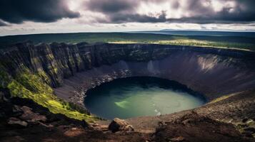 ai generado dramático paisaje exhibiendo un volcánico cráter foto