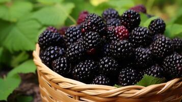 AI generated Fresh blackberries in a wicker basket on a wooden table photo