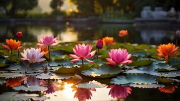 ai generado un loto estanque con rosado y blanco flores y verde hojas reflejando en el agua foto
