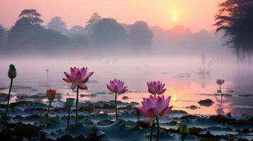 AI generated Sunrise over a calm pond with lotus flowers and green leaves photo