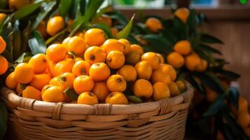 AI generated Baskets brimming with juicy and ripe loquats photo