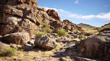 AI generated Petroglyphs on canyon walls depicting historical scenes photo