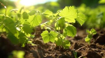 AI generated Close up of vigorous grapevine seedlings with budding clusters photo