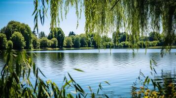 ai generado llanto sauce arboles y todavía lago en naturaleza foto