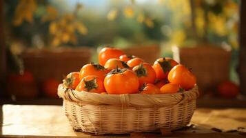 AI generated Ripe persimmons with a bokeh background in a stylish basket photo