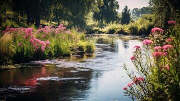 AI generated Calm river with colorful wildflowers on shore photo