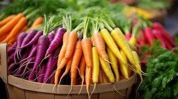 AI generated Charming display of assorted heirloom carrots in colorful baskets photo