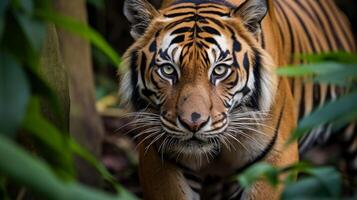 ai generado cerca arriba de feroz y majestuoso tigresa en el selva foto