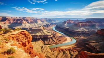 ai generado un escénico paisaje de un cañón con un grandioso río y rock formaciones en el antecedentes foto