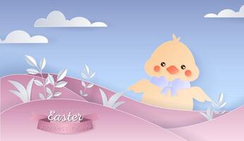 Happy Easter day wallpaper or banner with papercut elements. Beautiful paper cut eastern objects. Vector illustration for sale, product display, easter festival design, presentation, greeting card.
