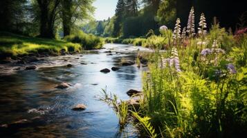 ai generado primavera paisaje de calma río y flores silvestres foto