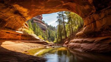 ai generado un asombroso y hermosa paisaje de un tranquilo cañón con un natural puente ese curvas terminado el agua foto