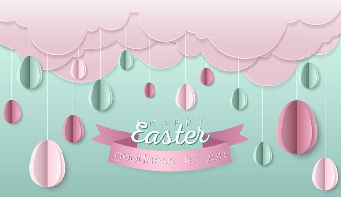 Happy Easter day wallpaper or banner with papercut elements. Beautiful paper cut eastern objects. Vector illustration for sale, product display, easter festival design, presentation, greeting card.